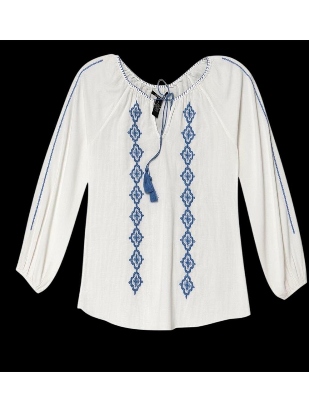 Lucky Brand Women's White Embroidered Peasant Blouse Tie Boho Long Sleeve Top